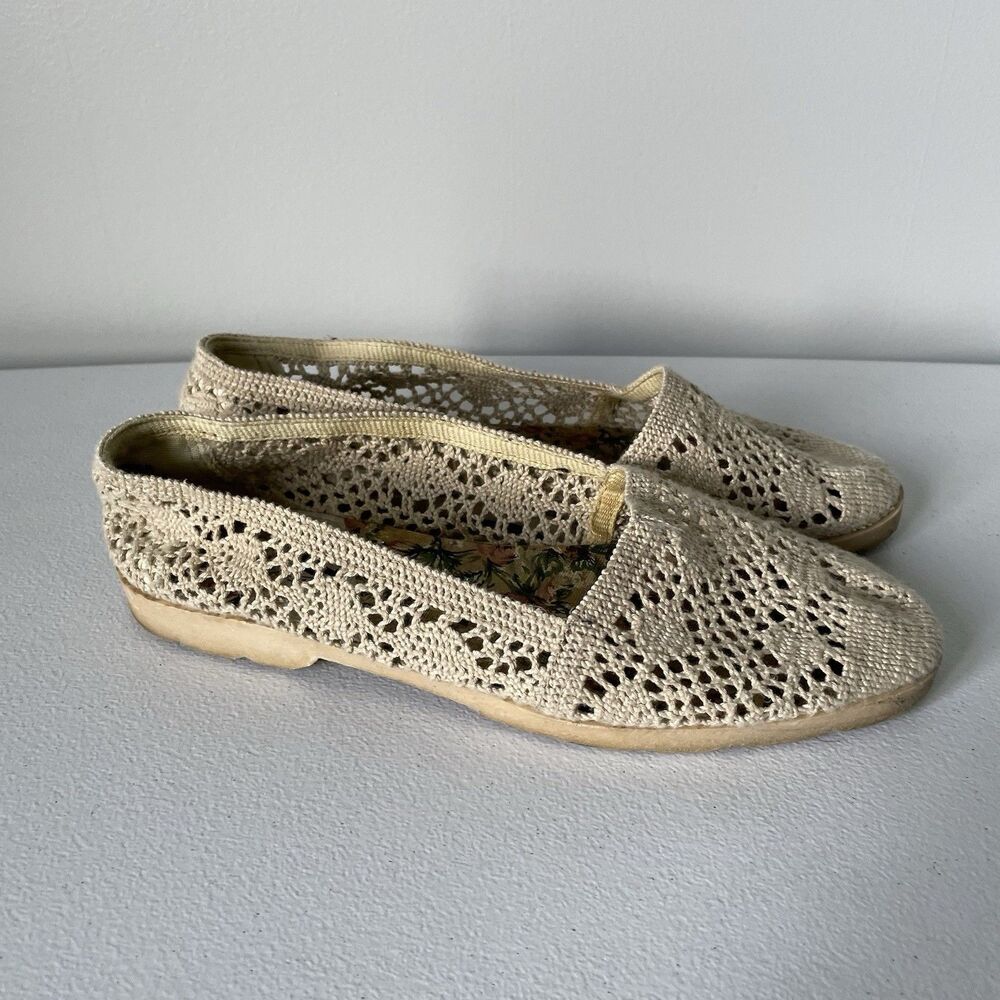 Pier Ten Vintage Cottagecore Knit Crochet Flats Slip-On Shoes Beige Women's 8.5 - Picture 2 of 9